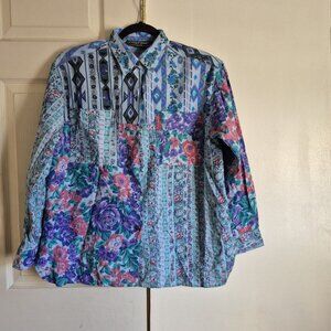 Vintage 90s Point One Classics Patchwork Floral Aztec Long Sleeve Button-Up Shir
